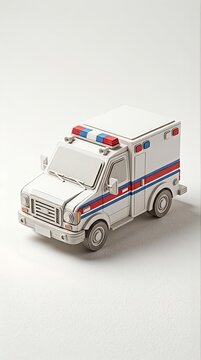 3D papercraft ambulance vehicle model with red and blue emergency siren lights isolated on white background