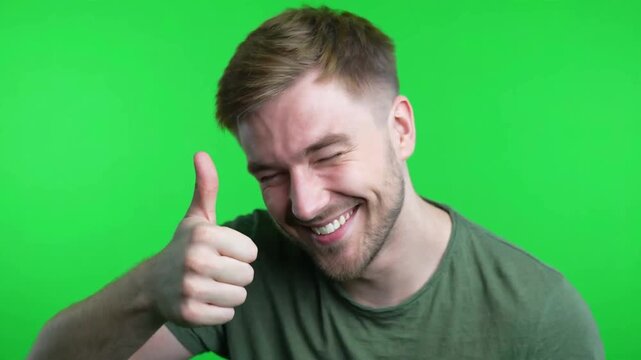 Man giving a thumbs up and winking on green screen background