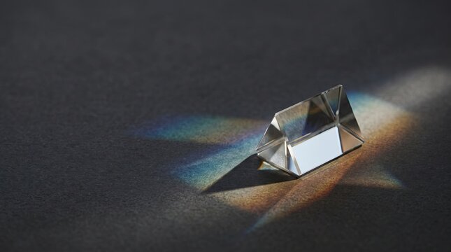 A shiny crystal prism on a dark surface refracting light into a rainbow