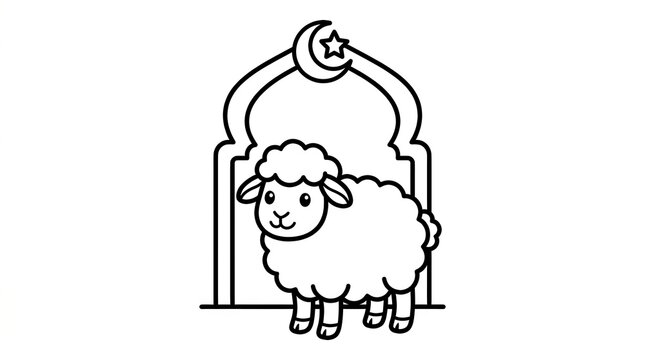 Cute sheep standing in front of an Islamic arch with moon and star