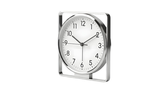 Modern minimalist wall clock with a circular face inside a square silver metal frame on white background