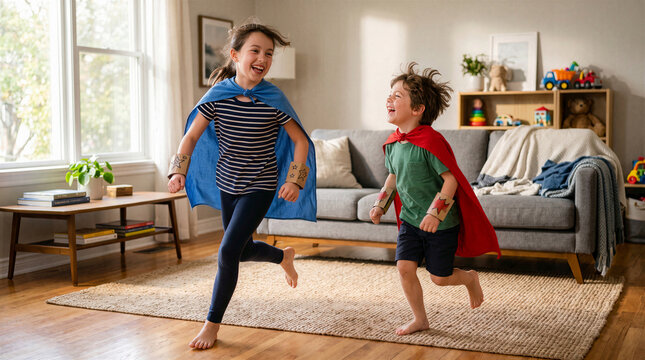 Siblings wearing superhero capes running and laughing together in a cozy living room on beige background
