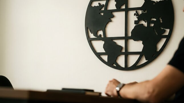 World map wall clock in modern interior with person working at desk