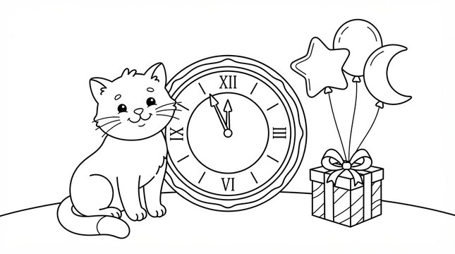 Cute cat sitting next to a clock and a gift box for a coloring page