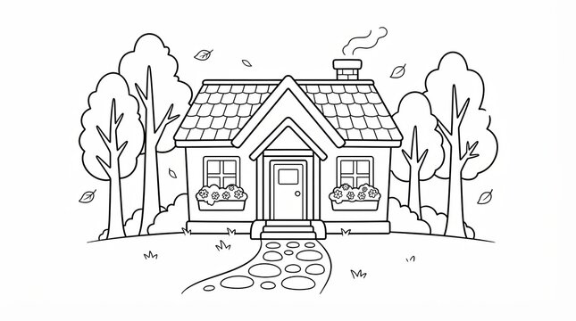 Cute cartoon house with trees and garden path for coloring page