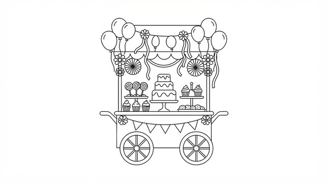 Black and white coloring page of a sweet dessert cart with balloons