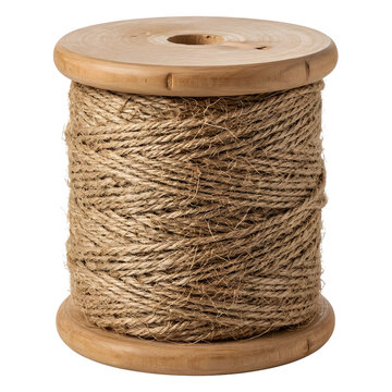 Wooden spool with natural jute twine rope on transparent background