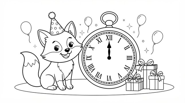 Cute fox wearing a party hat with a clock and gift boxes for a birthday