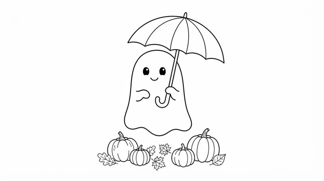 Cute ghost holding an umbrella with autumn pumpkins and fall leaves
