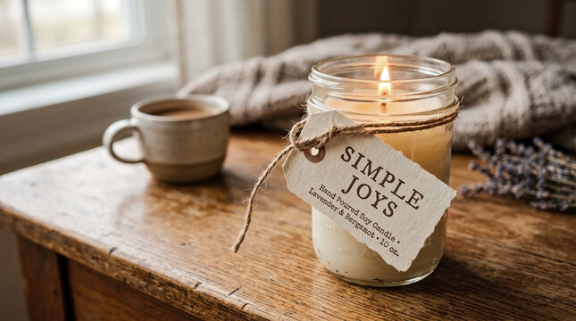 Lit handmade soy candle in a glass jar on a rustic wooden table. Simple Joys paper tag tied with twine next to a coffee mug. Cozy winter season home decor