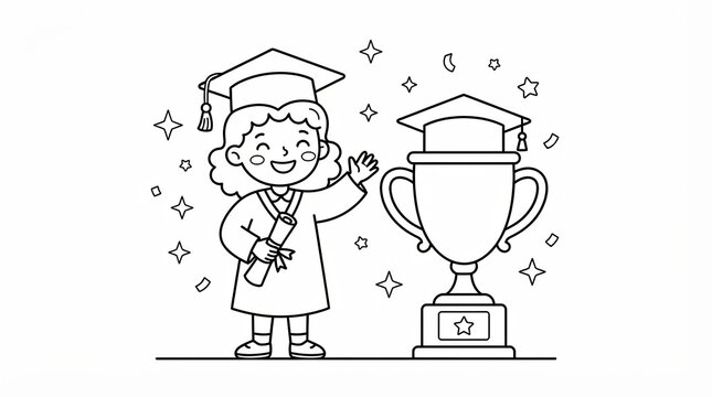 Happy girl student in graduation cap holding diploma next to trophy