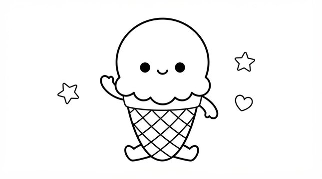 Cute ice cream cone character waving hand with stars and heart outline