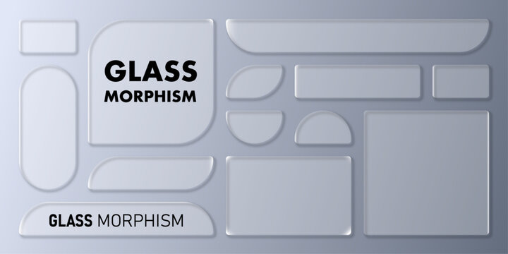 3D Liquid glass morphism smartphone interface. UI UX light frame rounded square and circle elements with a glow stroke. Collection design widget for phone and website.