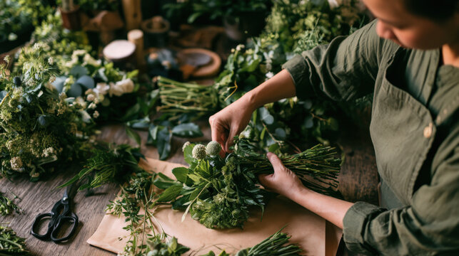 Hands gently arrange greenery on a rustic table
