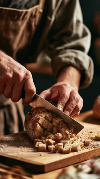 Hands slice rustic bread with care on wooden board