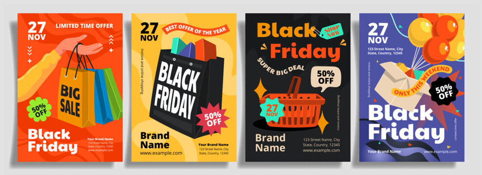Black friday sale poster template collection with shopping bags discount offers and retail promotion