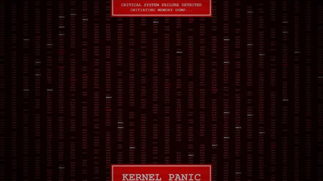Critical System Failure Kernel Panic Screen for Tech News and Cyber Attack Documentaries ,Ideal background b-roll for tech news covering global server outages, IT infrastructure collapse.