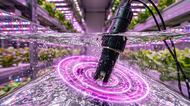 Conceptual macro of a hydroponic pH sensor probe emitting glowing magenta analysis rings