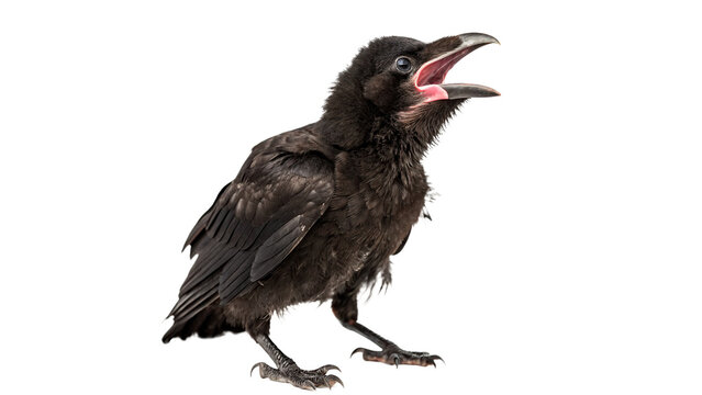 Black wild raven crow bird croaking loud isolated on transparent background