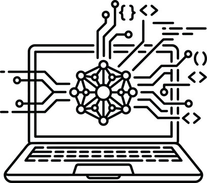 Outline icon of a laptop computer featuring artificial intelligence neural network technology.