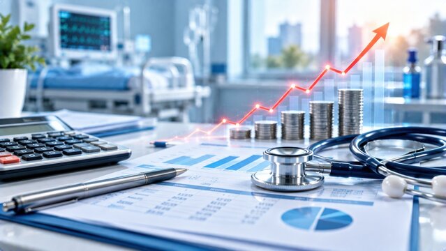 Calculator and financial document showing rising red growth trend graph with medical coins on bright sterile clinic.