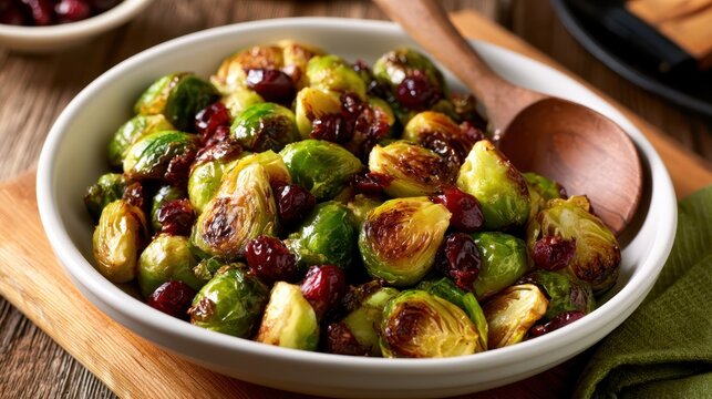 Roasted Brussels sprouts with cranberries in serving bowl