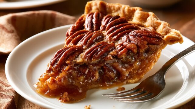 Slice of pecan pie on plate with fork