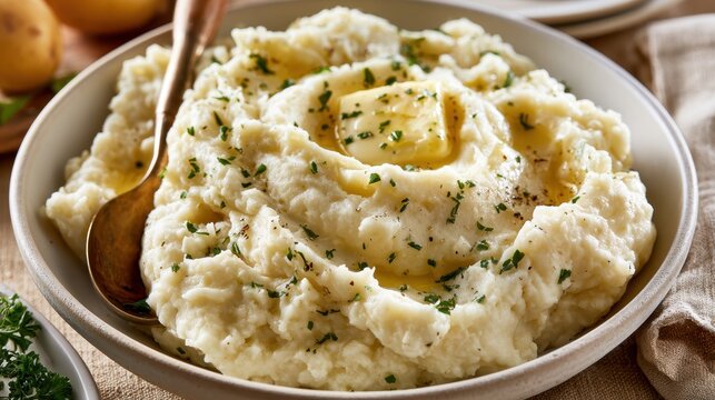 Creamy mashed potatoes with butter and herbs in serving bowl