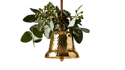 Hammered brass bell hanging with green eucalyptus leaves and brown leather strap © dominica
