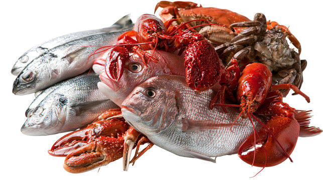 Fresh red snapper fish with raw lobsters and crabs seafood assortment