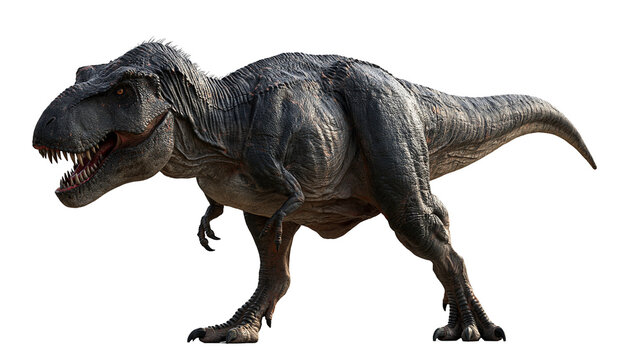 Full body Tyrannosaurus Rex dinosaur with textured dark skin and sharp teeth
