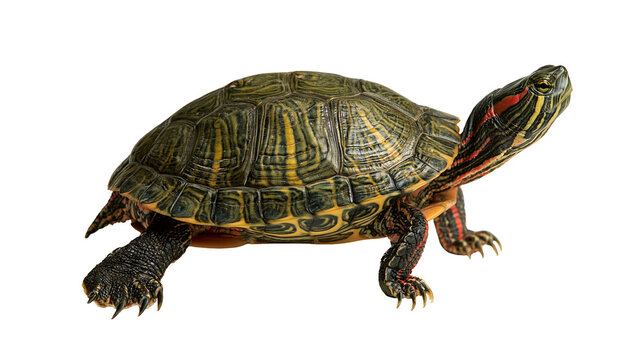 Red-eared slider turtle with patterned green and yellow shell and striped head