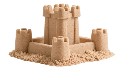 Detailed sandcastle with central tower and four corner turrets made of fine sand © dominica