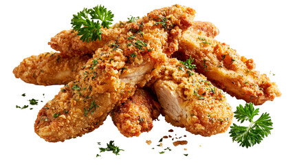 Golden crispy breaded chicken tenders with fresh green parsley garnish © dominica
