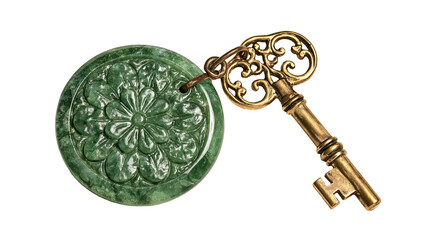 Ornate antique brass skeleton key attached to a circular carved green jade pendant © dominica