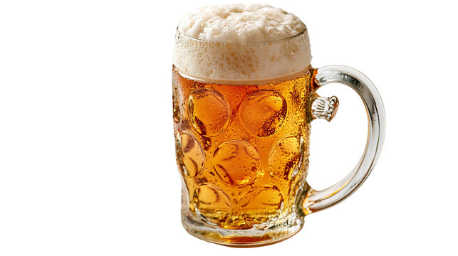 Cold golden beer in a dimpled glass mug with thick white foam head