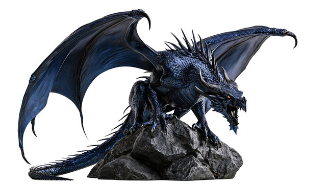 Ferocious dark blue dragon perched on a jagged rock formation