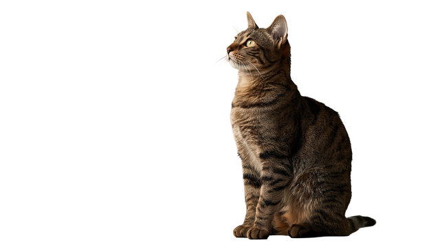 Brown tabby cat sitting and looking up with alert expression