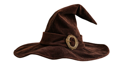 Brown corduroy witch hat with a decorative vintage brass buckle © dominica