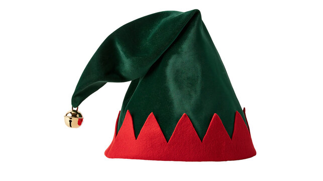 Green velvet elf hat with red jagged brim and golden jingle bell