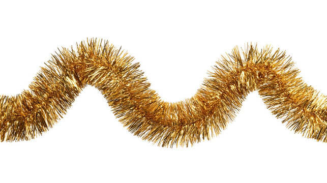 Shiny golden tinsel garland arranged in a wavy line