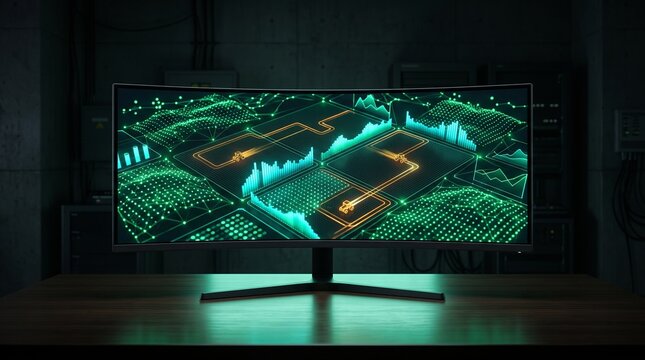 Conceptual image of a curved monitor displaying a textless 3D smart farm management dashboard