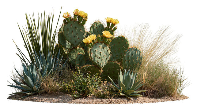 Blooming prickly pear cactus with agave and ornamental grasses in desert garden