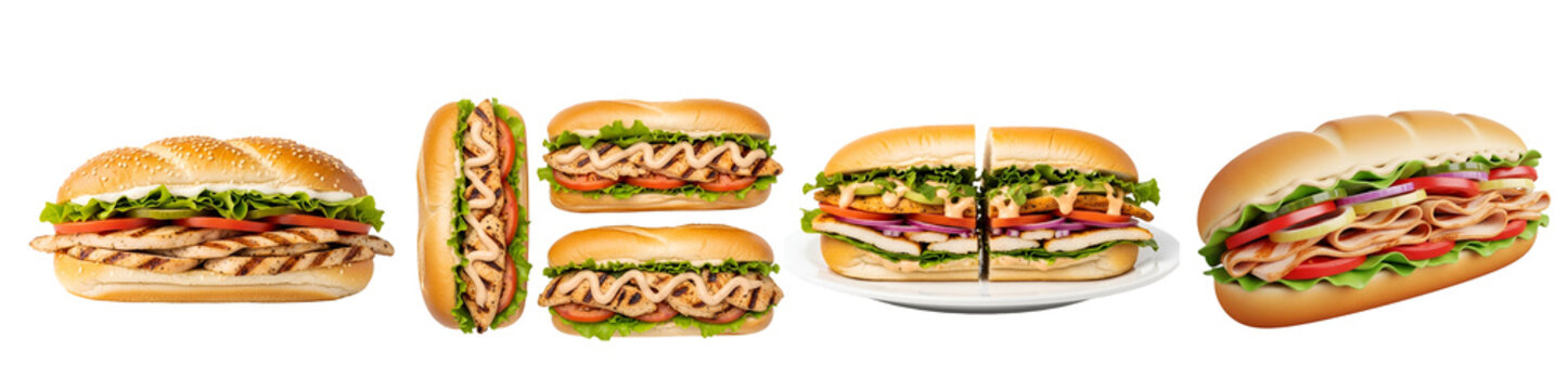Delicious grilled chicken sandwiches and turkey subs filled with fresh lettuce tomatoes onions and creamy dressing showcased nicely on transparent background