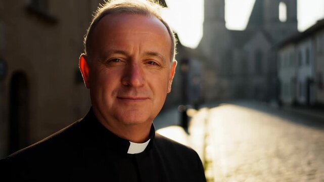 Close-up portrait of a senior Catholic priest looking directly at the camera outdoors. Religious faith priesthood and spiritual devotion concept
