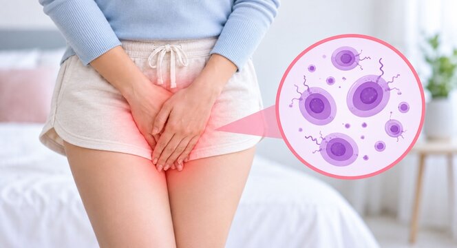 Conceptual illustration of female genital infection or urinary tract infection showing a woman with pelvic pain and microscopic pathogens.