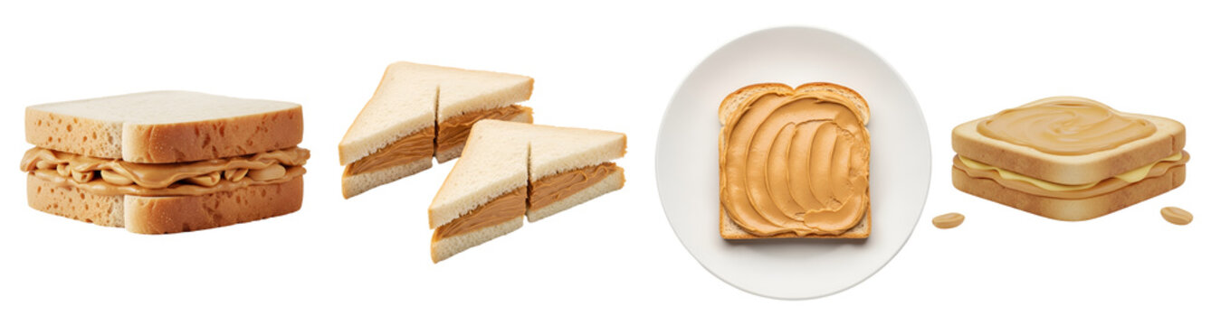 Delicious peanut butter sandwich combinations featuring whole sliced white bread halves spread evenly with creamy nut butter isolated on transparent background