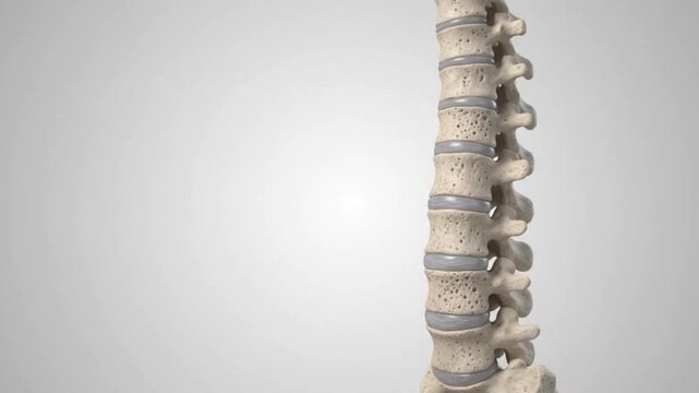 Detailed 3D rendering of the human lumbar spine with intervertebral discs.
