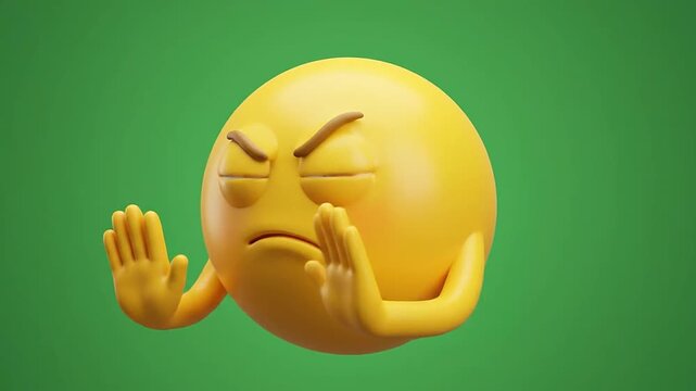 3d emoticon showing angry expression with hands up stop gesture
