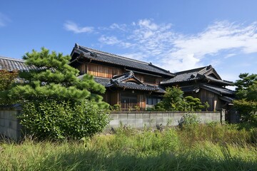 Fototapeta premium 青空広がる伝統的な日本家屋と美しい庭木が織りなす風景